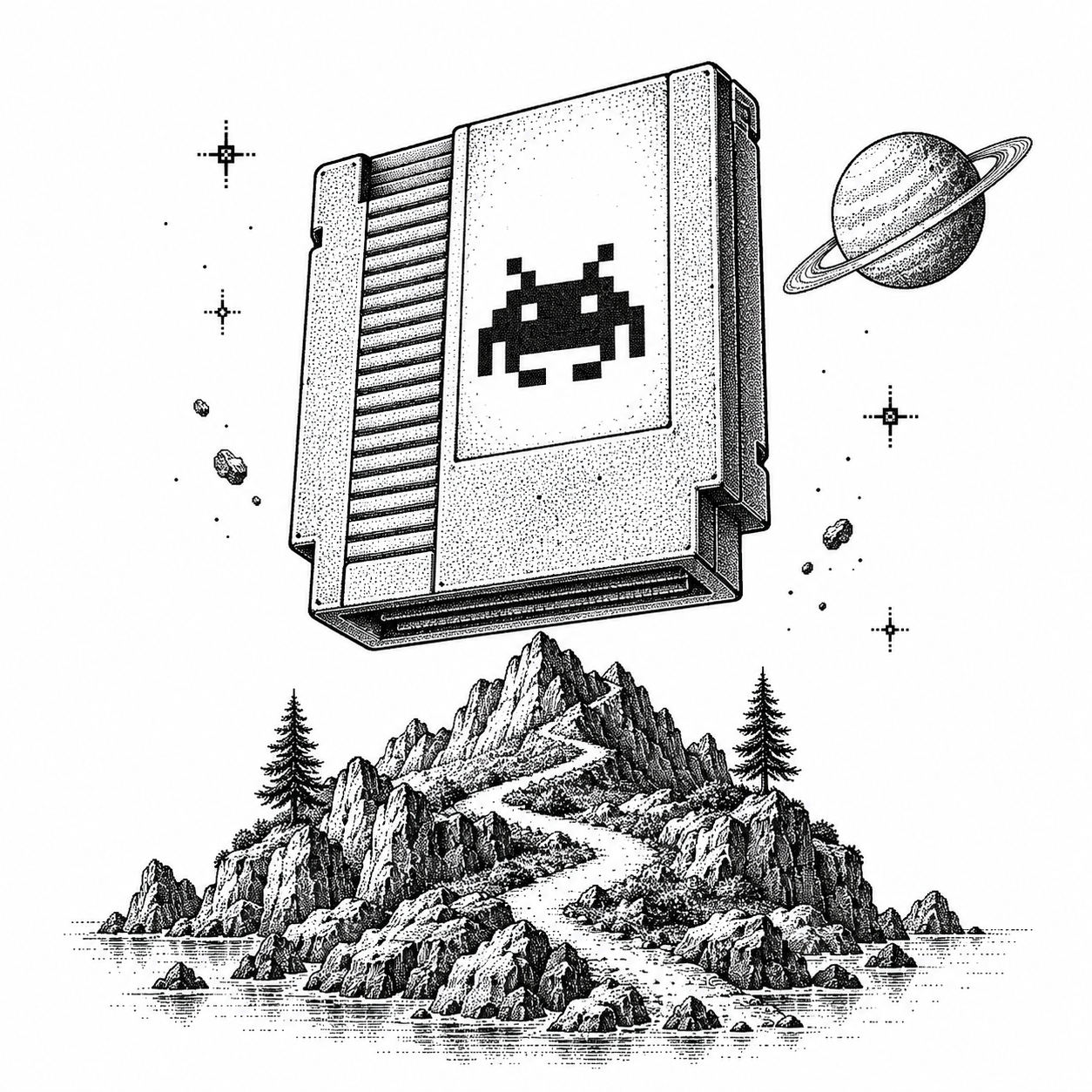 A stippled game cartridge floating above a tiny mountain world